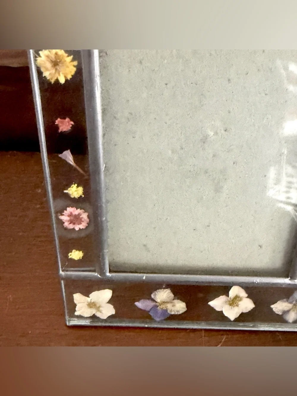Vintage Dried Flower Pink Purple Cream Yellow Glass Picture Frame 3.5x5” Boho